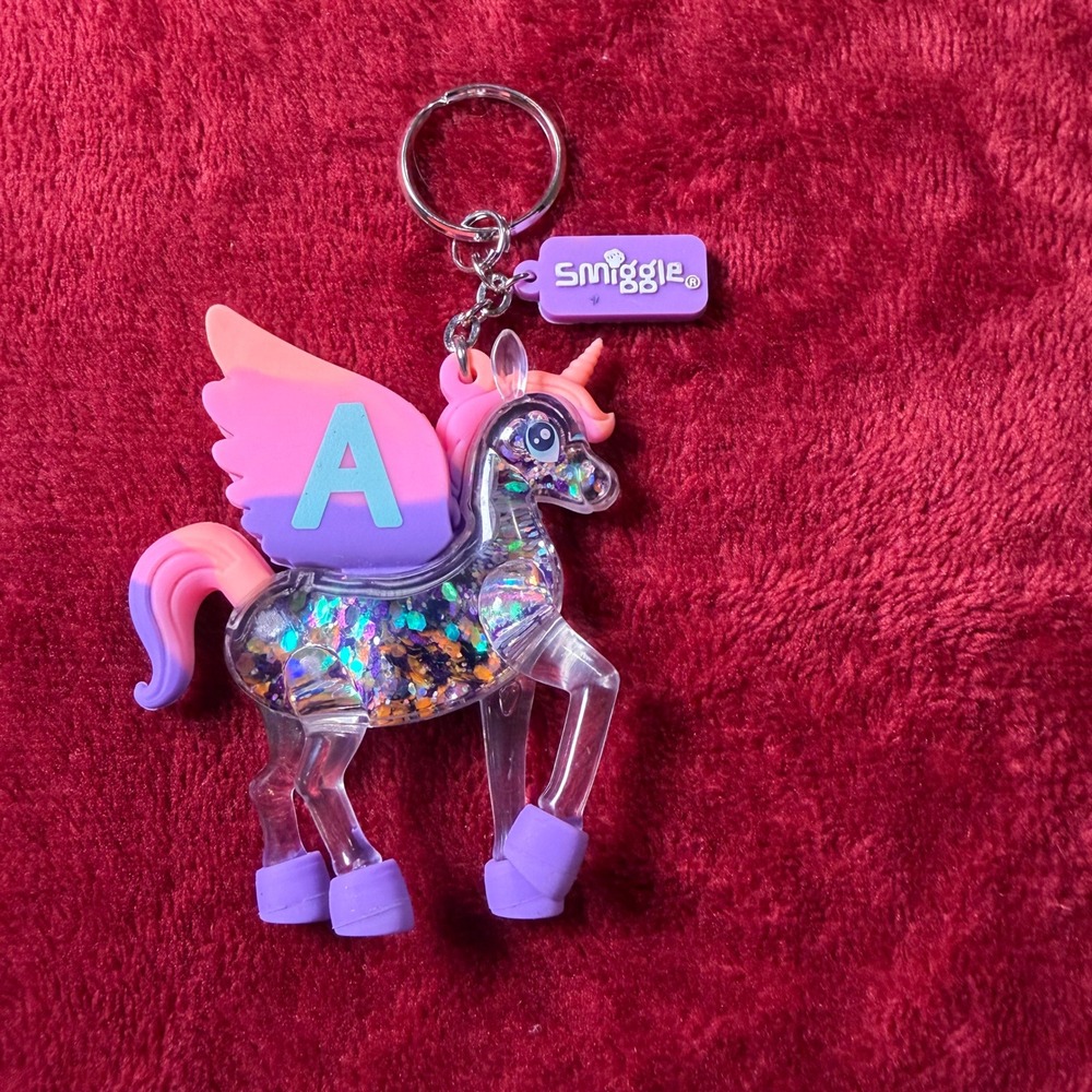 Smiggle Unicorn Glitter Liquid Keychain Bag Charm Initial A Pink Purple Keychain